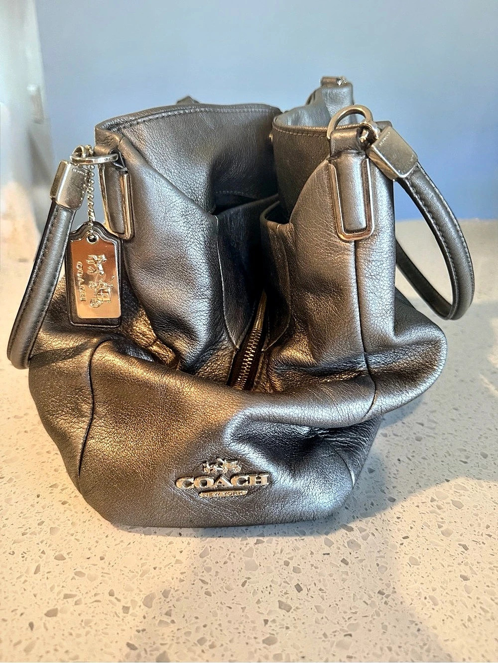 Coach Metallic Pewter Leather Satchel Shoulder Bag Signature Lining